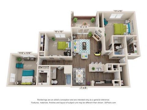 Floor plan for 3 beds, 2 baths, 1238 sqft